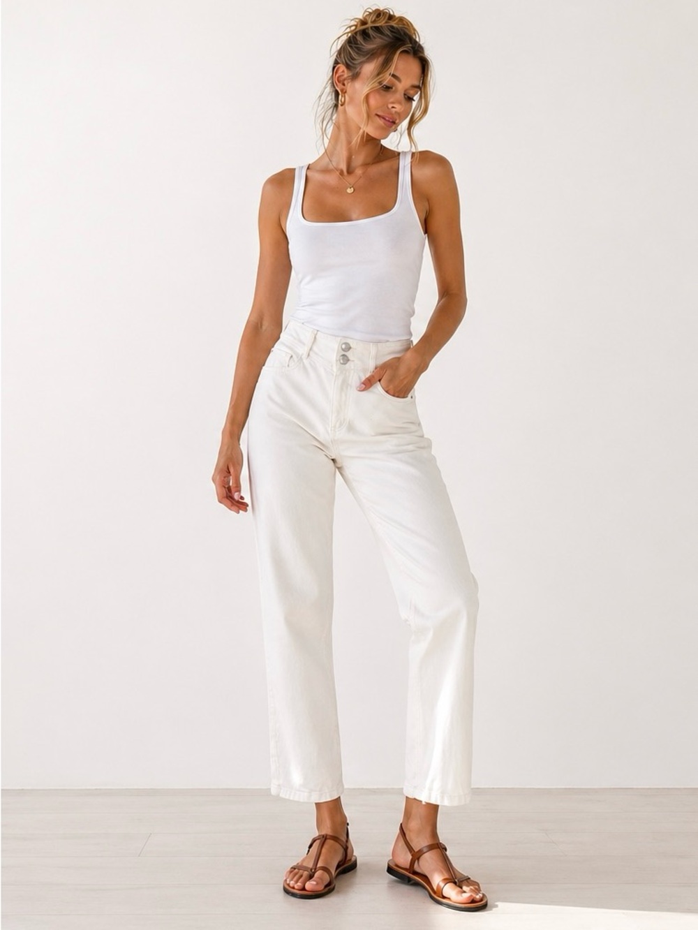 IKKS White High Waist Straight Leg Jeans Slouchy Cropped EU 38